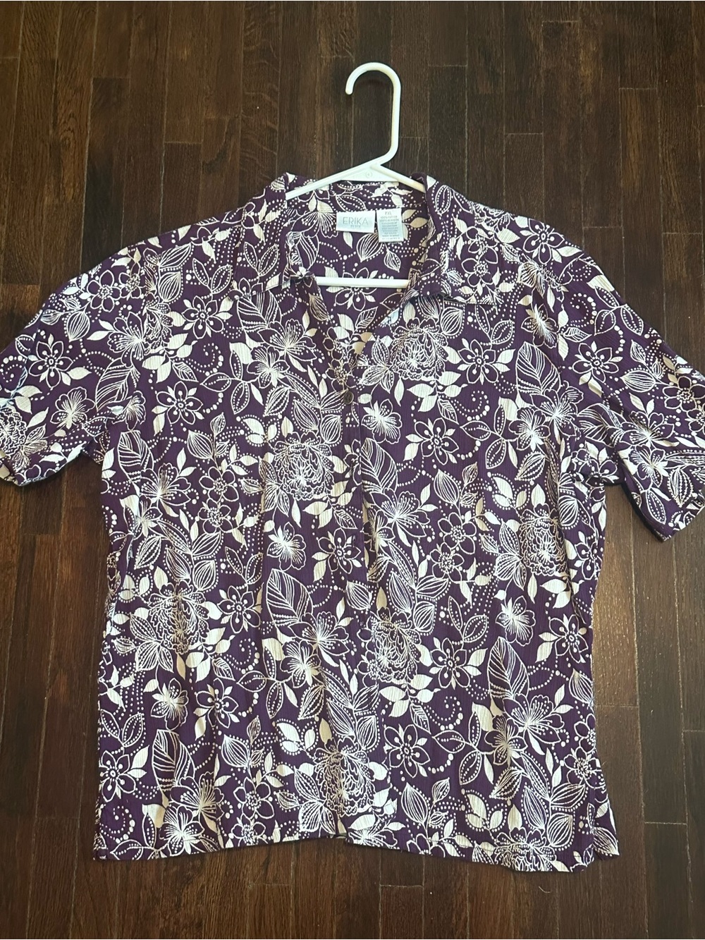 Erika Petite Purple White Floral Short Sleeve Cotton Button Down Shirt PXL